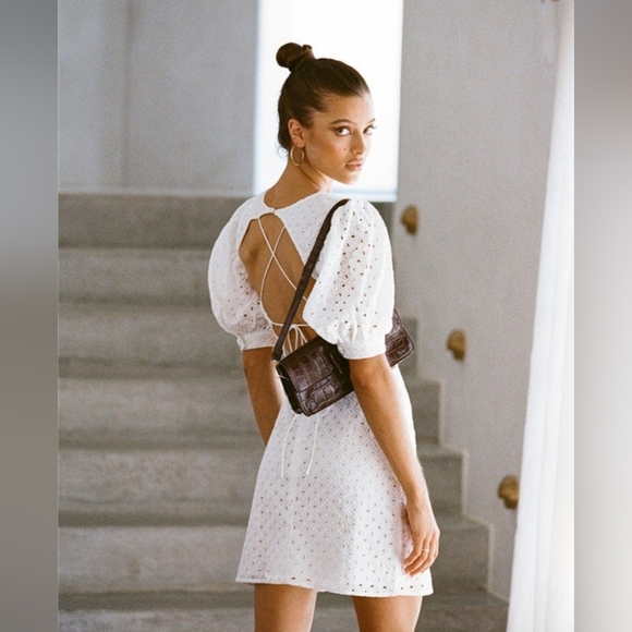Sabo Skirt Dresses & Skirts - Sabo Skirt White Eyelet Puff-Sleeve Mini Dress